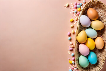 Naklejka na ściany i meble Easter template, colorful eggs, simple background, copy space, blank. Generative AI
