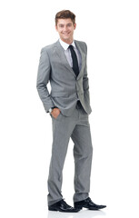 Corporate, white background and portrait of business man with confidence, pride and professional style for work. Happy, fashion and isolated person smile for career, job and opportunity in studio