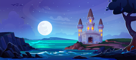Naklejka premium Fairytale castle on hill above stormy night sea. Vector cartoon illustration of medieval palace with towers, wooden gate, light in windows, moon glowing, birds flying in starry sky, tree on seashore