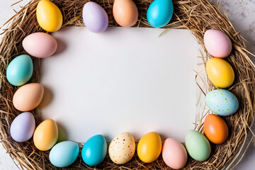 Obraz na płótnie Canvas Easter template, colorful eggs, simple background, copy space, blank. Generative AI
