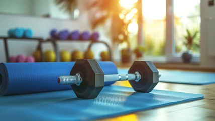 Foto op Canvas A serene gym setting with a yoga mat and a pair of dumbbells bathed in warm sunlight, inviting an energizing workout session © praewpailyn