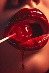 Close-up styled plump high gloss cherry lips mouth with a glossy mararschino cherry on a cocktail pick - Generative AI	