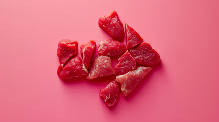 Arrow made of meat on pink background. Direction symbol