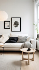 A minimalist Scandinavian living room with a focus on functionality and simplicity. 