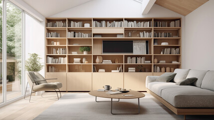 Fototapeta na wymiar A minimalist Scandinavian living room with a focus on functionality, featuring built-in storage solutions, hidden compartments, and multi-purpose furniture pieces for a clutter-free space.