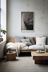 A minimalist Scandinavian living room with a play of contrasting textures, combining smooth surfaces with natural materials. - obrazy, fototapety, plakaty