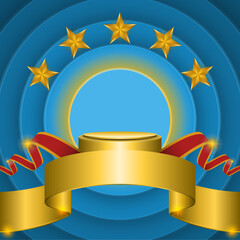 A gold podium with a red ribbon and gold stars on a blue background symbolizes victory and achievement.