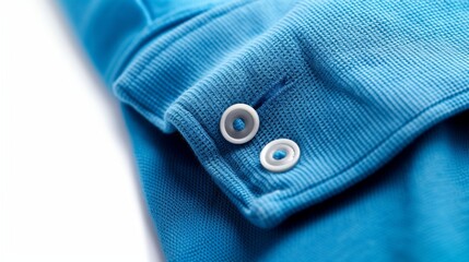A high-definition image showcasing the sleeve cuff of a blue polo t-shirt in exquisite detail, isolated on white