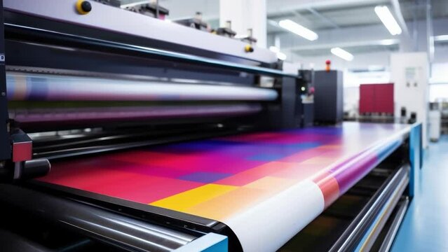 A close up of a large offset printing press running a long sheet of paper with a colorful design and text.
