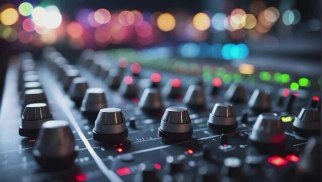 close-up of an audio mixer with a background of bokeh lights, suitable for entertainment needs