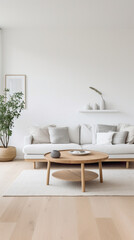 A minimalist Scandinavian living room with a focus on functionality and simplicity. 