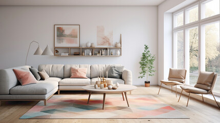 A minimalist Scandinavian living room with a statement rug, comfortable seating, and subtle pops of color for a serene atmosphere