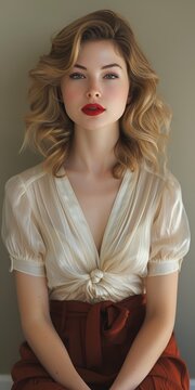 Woman Pose against Beige Background - Vintage Hairstyle Reminiscent of the Mid 20th Century her Hair in Waves, Makeup is Classic with Prominent Red Lipstick created with Generative AI Technology