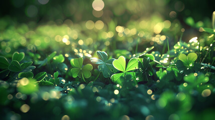 A clearing with clover. Background for St. Patrick's Day. - obrazy, fototapety, plakaty