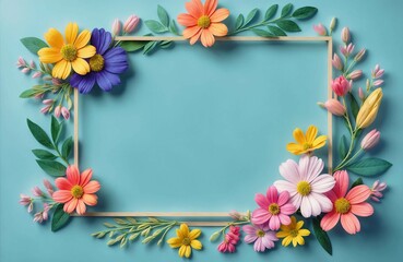 Bright background with frame surrounded by bright flowers and leaves. Generative AI.