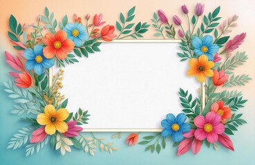 Bright background with frame surrounded by bright flowers and leaves. Generative AI.