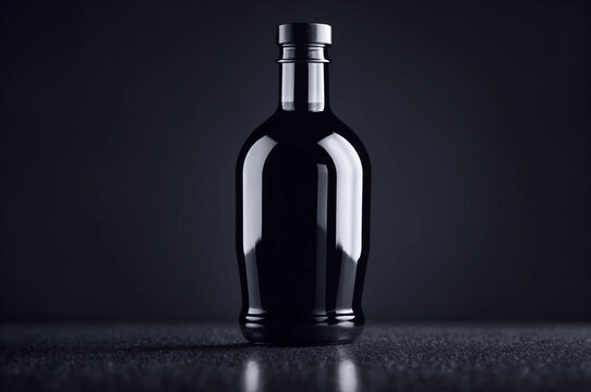 Dark bottle with  dark liquid sits on dark surface against  dark background.Generative AI.