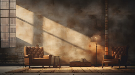 Living room in industrial style with leather sofa and brick wall,Photo 3d grunge room interior with spotlight and smoky atmosphere background
 - Powered by Adobe