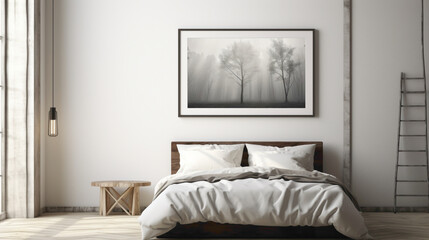 Fototapeta na wymiar A minimalistic bedroom with a blank white empty frame, showcasing a serene, black and white photograph of a misty forest.