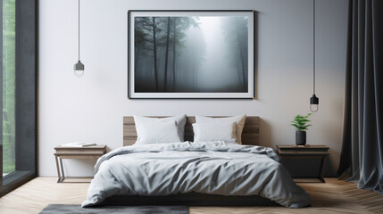A minimalistic bedroom with a blank white empty frame, showcasing a serene, black and white photograph of a misty forest.