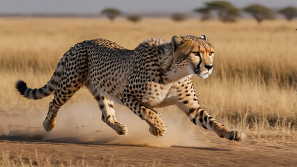 Capture the extraordinary speed and grace of a Cheetah in Full Sprint. Freeze the dynamic moment, showcasing the agility of this magnificent big cat in action. AI Generated.