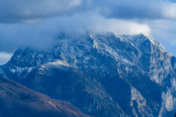 mountain traunstein in winter in the upper austrian region salzkammergut