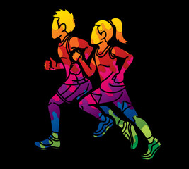Fototapeta na wymiar Boy and Girl Start Running Action Jogging A Child Movement Cartoon Sport Graphic Vector