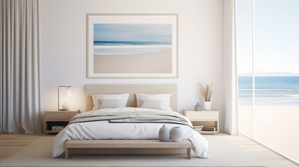 A minimalistic bedroom with a blank white empty frame, showcasing a serene seascape photograph that evokes a sense of calm and tranquility.