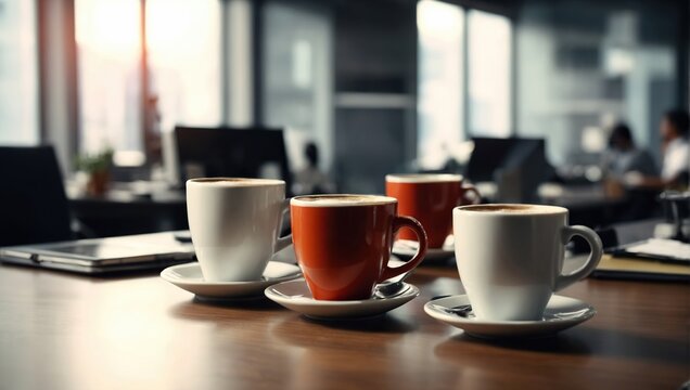 Background from cups of coffee or tea on the table in the office in the background with office workers