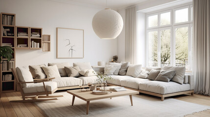 A minimalistic living room design with a Scandinavian touch, featuring a stylish combination of light-colored furniture and soft textiles