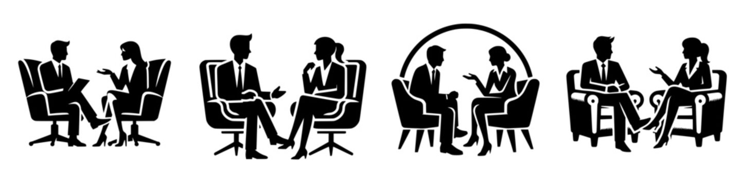 Four black and white vector images of man and woman talking with each other in armchairs