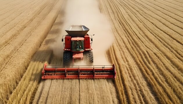Combine harvester in work on wheat field.