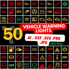 50 pack icons - Car dashboard, dtc codes, error message, check engine, fault, dashboard vector illustration, gas level, air suspension, collection, warnings, illustration