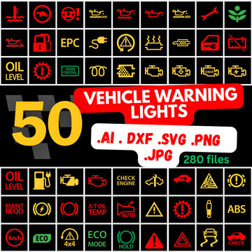 50 pack icons - Car dashboard, dtc codes, error message, check engine, fault, dashboard vector illustration, gas level, air suspension, collection, warnings, illustration