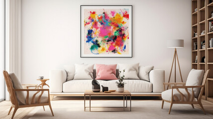 A minimalistic living room setup with a blank white empty frame, accentuated by a colorful abstract painting on the adjacent wall.
