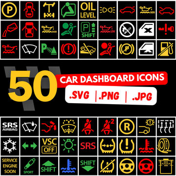 50 pack icons - Car dashboard, dtc codes, error message, check engine, fault, dashboard vector illustration, gas level, air suspension, collection, warnings, illustration