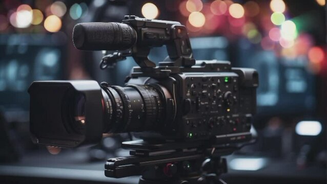close-up of videography equipment with bokeh lights in the background, suitable for entertainment needs
