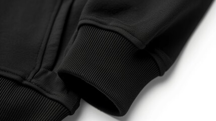 The sleeve detail of a blank black polo t-shirt, highlighting the ribbed cuff, against a white background