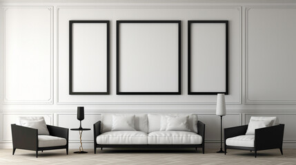 A minimalistic living room with a blank white empty frame, adorned with a simple, yet captivating, black and white photograph of an architectural landmark.