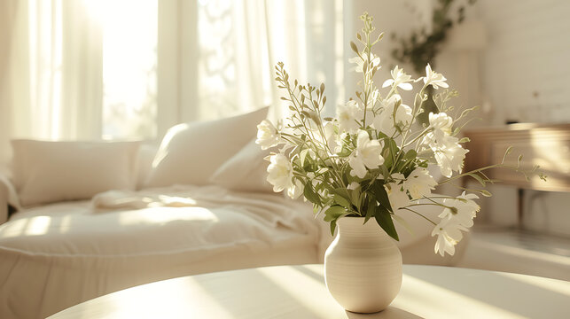 Bouquet of beautiful flowers in vase on table in room