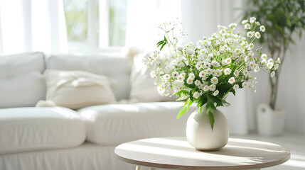 Vase with beautiful flowers on table in living room. Interior design
