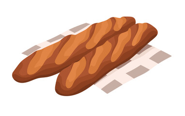 Crispy classic baguette. Long thin French bread of lean flour. Pastry goods on kitchen towel. Fresh baked food, tasty bakery. Bakehouse products. Flat isolated vector illustration on white background