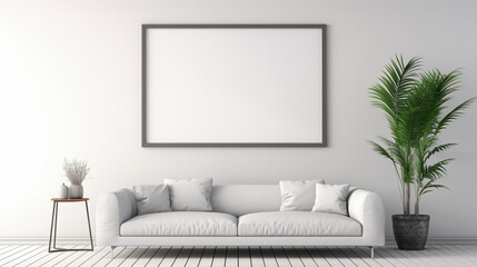 A minimalistic living room with a blank white empty frame, adorned with a simple, yet captivating, black and white photograph of a serene seascape.