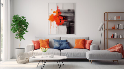 A minimalistic living room with white walls, a sleek gray sofa, and pops of vibrant orange in the decor.