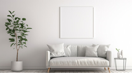 A minimalistic living room with a blank white empty frame, capturing the beauty of a delicate, minimalist botanical illustration that adds a touch of nature.