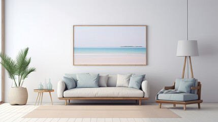 A minimalistic living room with a blank white empty frame, capturing the soothing essence of a tranquil beach scene depicted in a soft, pastel color palette.