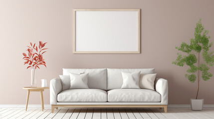 Fototapeta na wymiar A minimalistic living room with a blank white empty frame, capturing the beauty of a delicate, minimalist botanical sketch that adds a touch of elegance.
