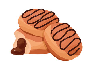 Berliner donut filling with chocolate cream. Jelly doughnut with icing. Traditional German pastry, baked food, tasty bakery. Bakehouse goods. Flat isolated vector illustration on white background