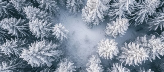 A group of freezing pine trees covered in a blanket of snow, creating a beautiful natural landscape with snowflakes glistening like electric blue jewels on each twig.