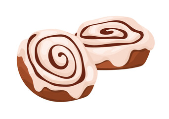 Cinnamon roll with icing. Baked swirls with sticky frosting. Homemade glazed Danish buns with spices. Bakery food, pastry goods. Bakehouse menu. Flat isolated vector illustration on white background